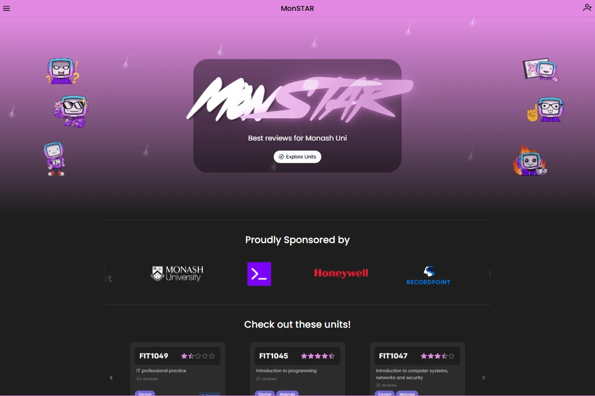 MonSTAR homepage with unit reviews for Monash students